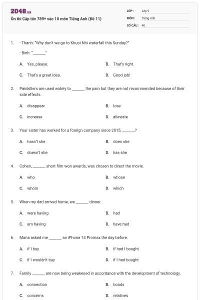 Ôn thi Cấp tốc 789+ vào 10 môn Tiếng Anh (Đề 11)