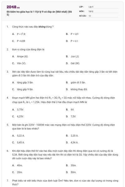 Đề kiểm tra giữa học kì 1 Vật lý 9 có đáp án (Mới nhất) (Đề 5)