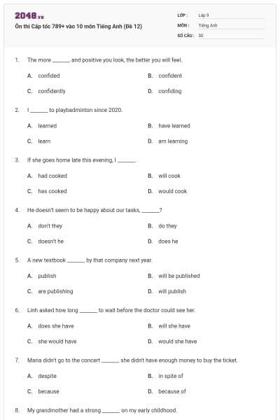 Ôn thi Cấp tốc 789+ vào 10 môn Tiếng Anh (Đề 12)