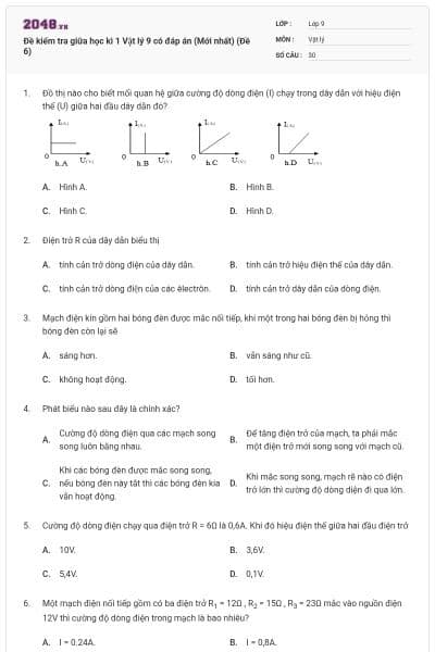 Đề kiểm tra giữa học kì 1 Vật lý 9 có đáp án (Mới nhất) (Đề 6)