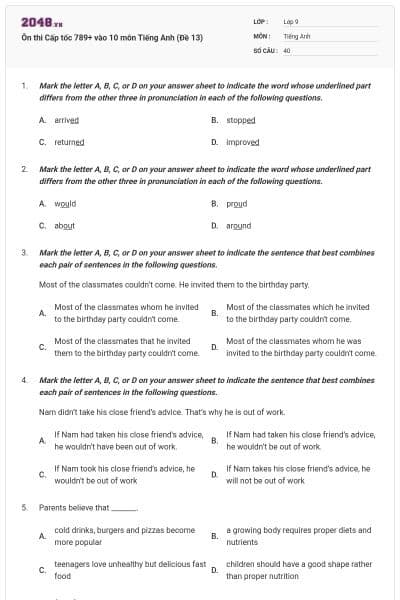 Ôn thi Cấp tốc 789+ vào 10 môn Tiếng Anh (Đề 13)