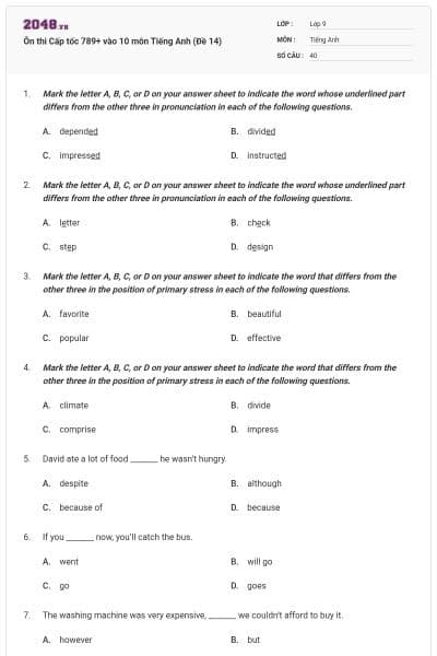 Ôn thi Cấp tốc 789+ vào 10 môn Tiếng Anh (Đề 14)