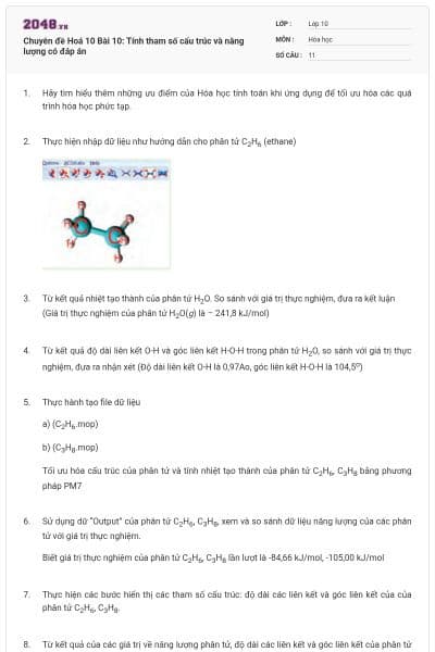 Chuyên đề Hoá 10 Bài 10: Tính tham số cấu trúc và năng lượng có đáp án