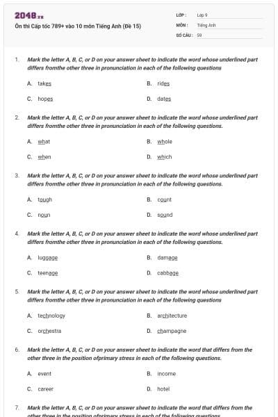 Ôn thi Cấp tốc 789+ vào 10 môn Tiếng Anh (Đề 15)