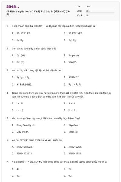 Đề kiểm tra giữa học kì 1 Vật lý 9 có đáp án (Mới nhất) (Đề 8)