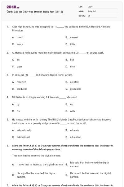 Ôn thi Cấp tốc 789+ vào 10 môn Tiếng Anh (Đề 16)