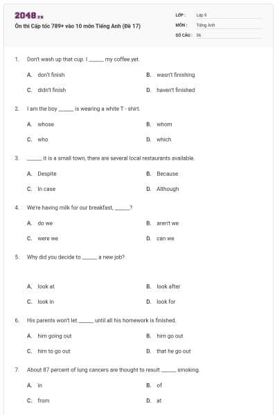 Ôn thi Cấp tốc 789+ vào 10 môn Tiếng Anh (Đề 17)