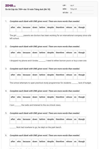 Ôn thi Cấp tốc 789+ vào 10 môn Tiếng Anh (Đề 18)