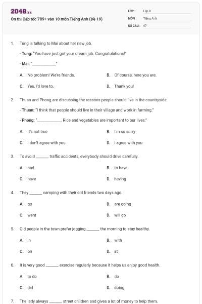 Ôn thi Cấp tốc 789+ vào 10 môn Tiếng Anh (Đề 19)