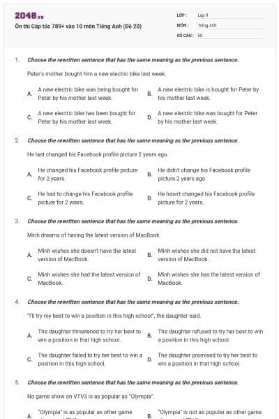 Ôn thi Cấp tốc 789+ vào 10 môn Tiếng Anh (Đề 20)