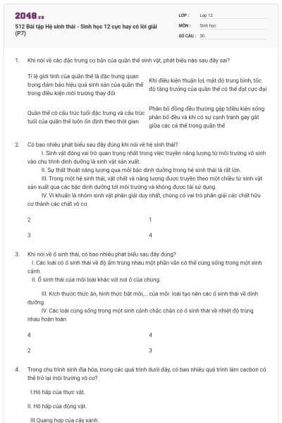 512 Bài tập Hệ sinh thái - Sinh học 12 cực hay có lời giải (P7)