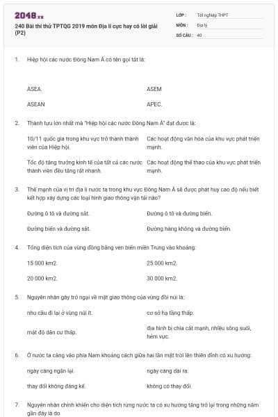 240 Bài thi thử TPTQG 2019 môn Địa lí cực hay có lời giải (P2)
