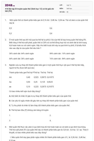 418 Bài tập Di truyền quần thể (Sinh học 12) có lời giải chi tiết (P4)
