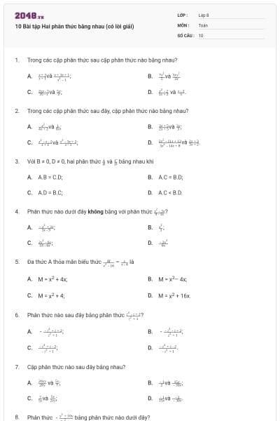 10 Bài tập Hai phân thức bằng nhau (có lời giải)