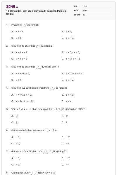 10 Bài tập Điều kiện xác định và giá trị của phân thức (có lời giải)