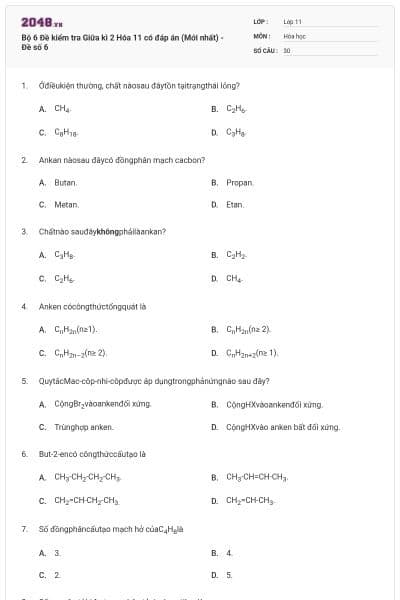 Bộ 6 Đề kiểm tra Giữa kì 2 Hóa 11 có đáp án (Mới nhất) - Đề số 6