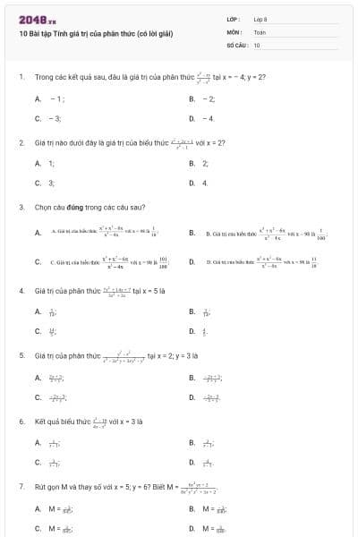 10 Bài tập Tính giá trị của phân thức (có lời giải)
