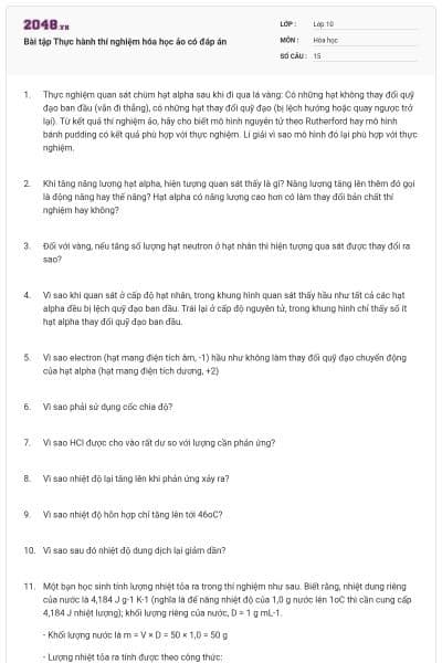 Bài tập Thực hành thí nghiệm hóa học ảo có đáp án