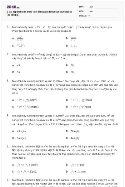 9 Bài tập Bài toán thực tiễn liên quan đến phân thức đại số (có lời giải)