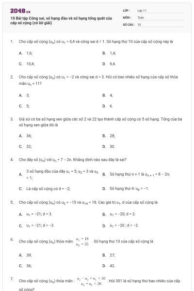 10 Bài tập Công sai, số hạng đầu và số hạng tổng quát của cấp số cộng (có lời giải)