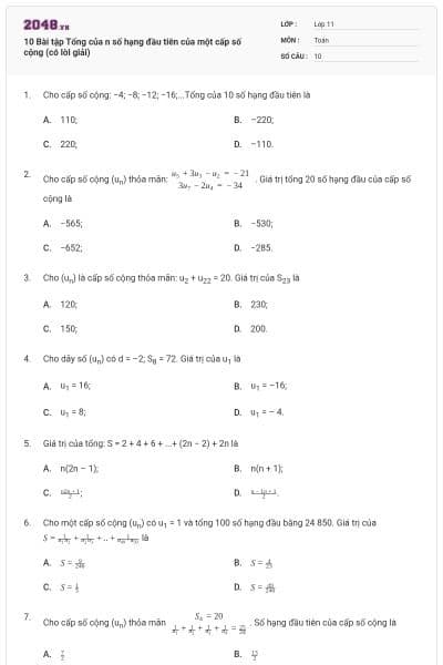 10 Bài tập Tổng của n số hạng đầu tiên của một cấp số cộng (có lời giải)
