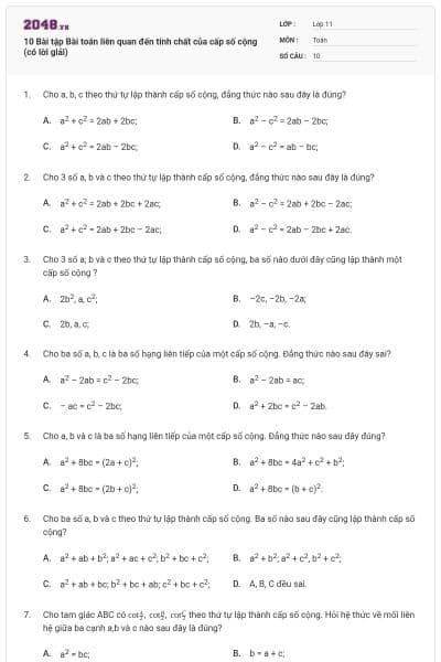 10 Bài tập Bài toán liên quan đến tính chất của cấp số cộng (có lời giải)