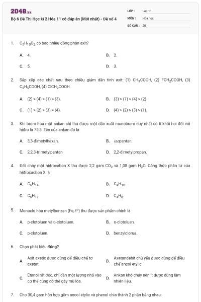 Bộ 6 Đề Thi Học kì 2 Hóa 11 có đáp án (Mới nhất) - Đề số 4