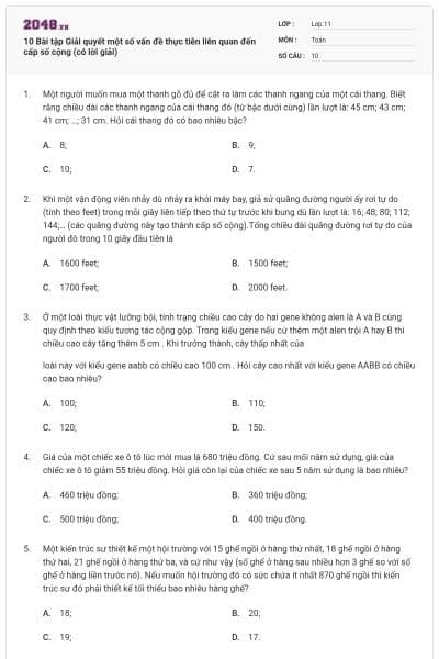 10 Bài tập Giải quyết một số vấn đề thực tiễn liên quan đến cấp số cộng (có lời giải)