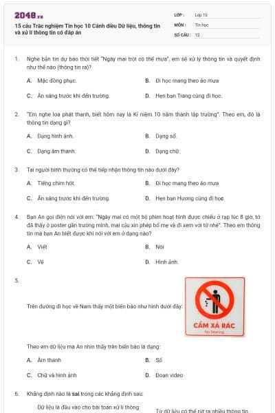 15 câu Trắc nghiệm Tin học 10 Cánh diều Dữ liệu, thông tin và xử lí thông tin có đáp án