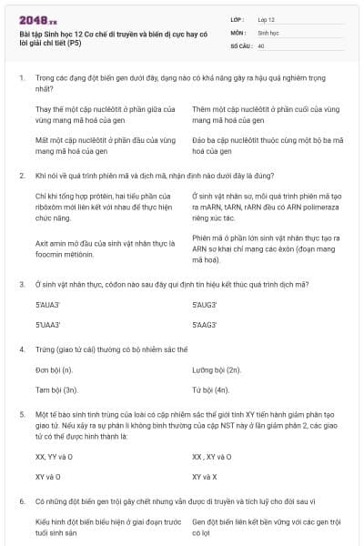 Bài tập Sinh học 12 Cơ chế di truyền và biến dị cực hay có lời giải chi tiết (P5)