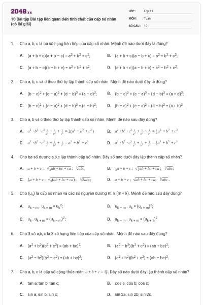 10 Bài tập Bài tập liên quan đến tính chất của cấp số nhân (có lời giải)
