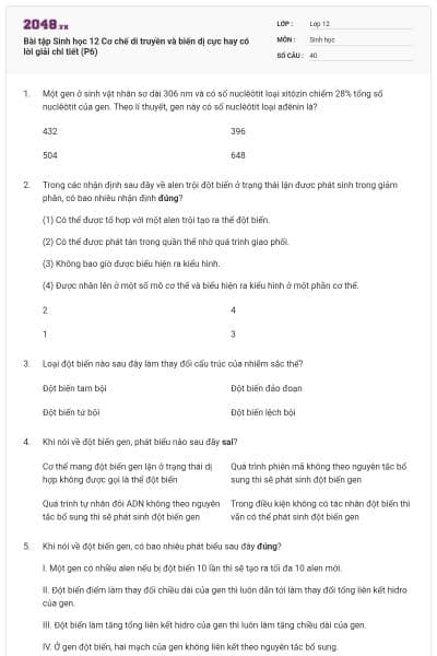 Bài tập Sinh học 12 Cơ chế di truyền và biến dị cực hay có lời giải chi tiết (P6)