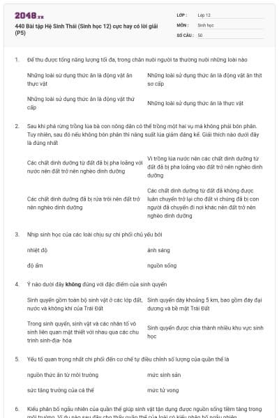 440 Bài tập Hệ Sinh Thái (Sinh học 12) cực hay có lời giải (P5)