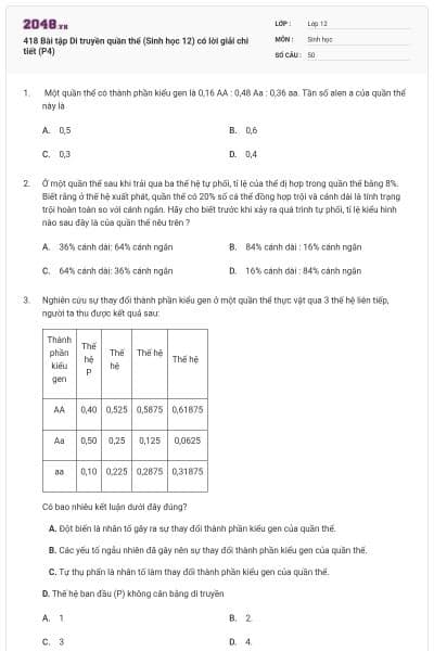 418 Bài tập Di truyền quần thể (Sinh học 12) có lời giải chi tiết (P4)
