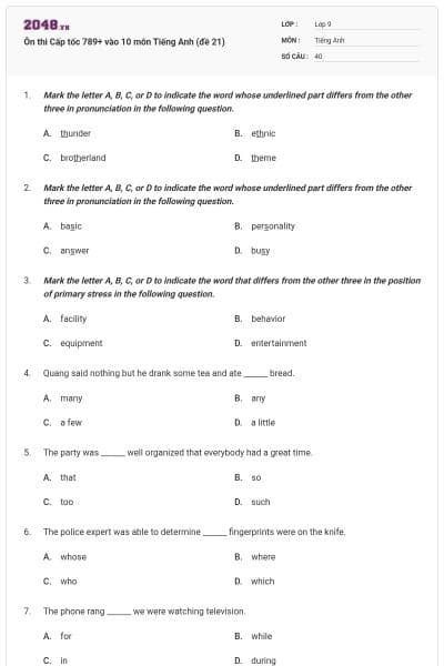 Ôn thi Cấp tốc 789+ vào 10 môn Tiếng Anh (đề 21)