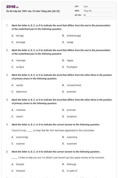 Ôn thi Cấp tốc 789+ vào 10 môn Tiếng Anh (đề 22)
