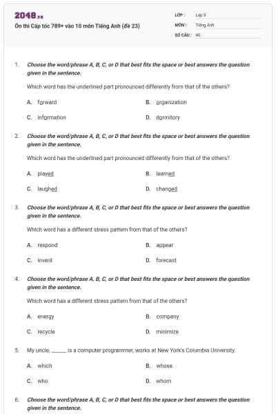 Ôn thi Cấp tốc 789+ vào 10 môn Tiếng Anh (đề 23)