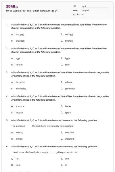 Ôn thi Cấp tốc 789+ vào 10 môn Tiếng Anh (đề 24)