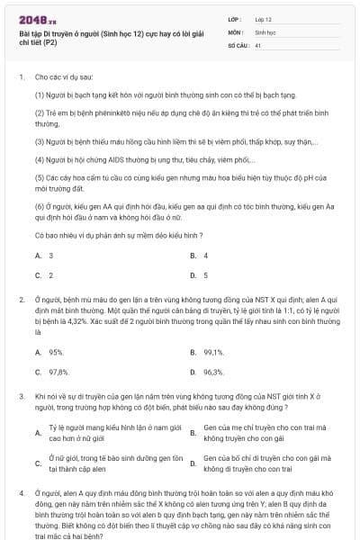 Bài tập Di truyền ở người (Sinh học 12) cực hay có lời giải chi tiết (P2)