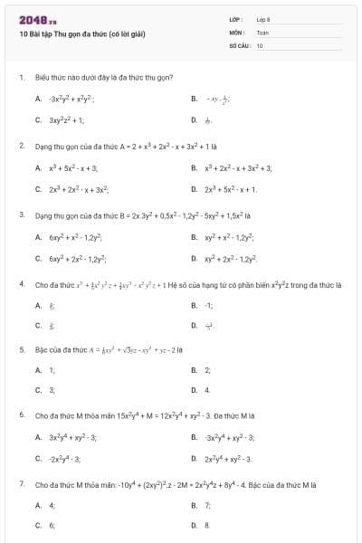 10 Bài tập Thu gọn đa thức (có lời giải)