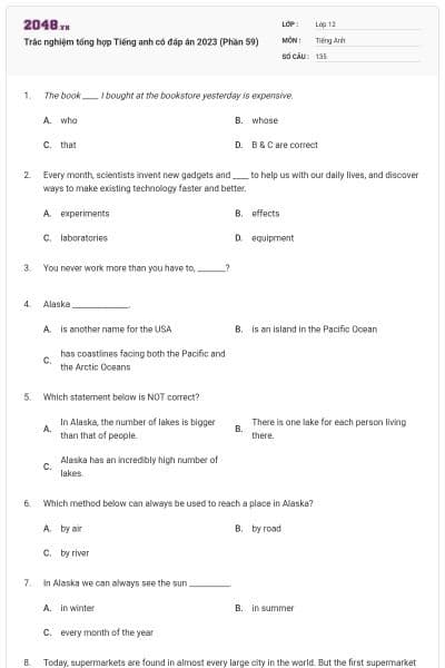Trắc nghiệm tổng hợp Tiếng anh có đáp án 2023 (Phần 59)
