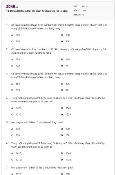 10 Bài tập Bài toán đếm liên quan đến hình học (có lời giải)