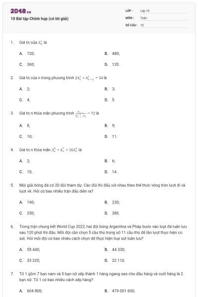 10 Bài tập Chỉnh hợp (có lời giải)