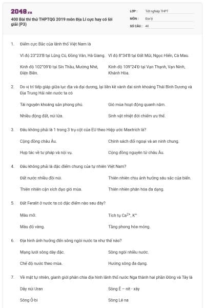 400 Bài thi thử THPTQG 2019 môn Địa Lí cực hay có lời giải (P3)