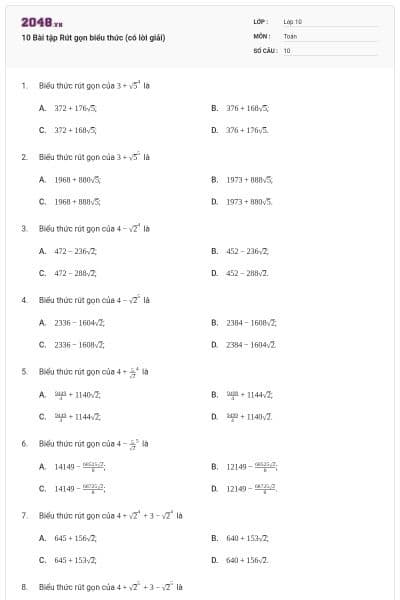 10 Bài tập Rút gọn biểu thức (có lời giải)