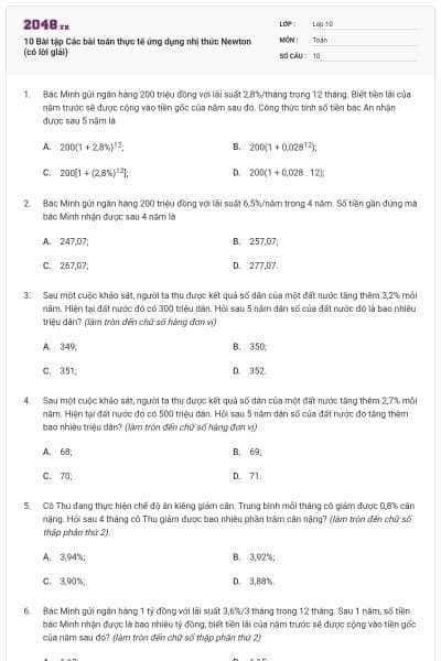 10 Bài tập Các bài toán thực tế ứng dụng nhị thức Newton (có lời giải)
