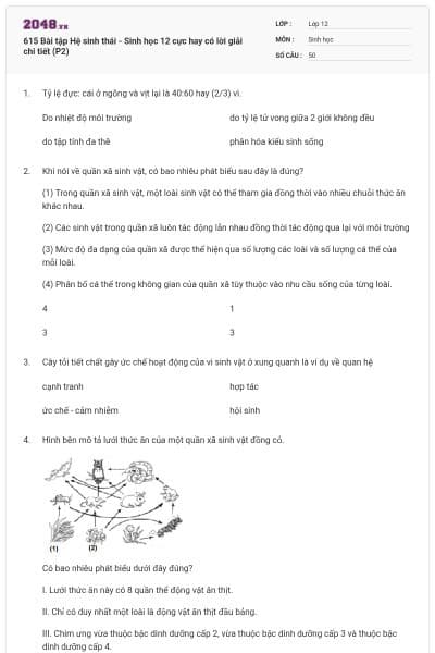 615 Bài tập Hệ sinh thái - Sinh học 12 cực hay có lời giải chi tiết (P2)