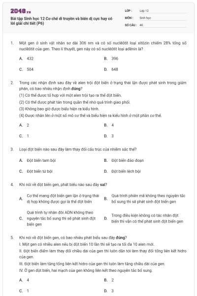 Bài tập Sinh học 12 Cơ chế di truyền và biến dị cực hay có lời giải chi tiết (P6)