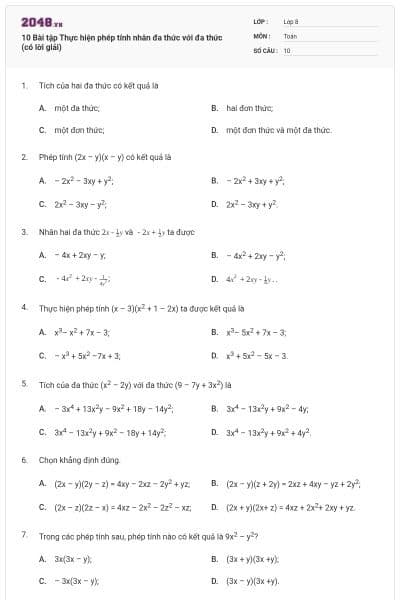 10 Bài tập Thực hiện phép tính nhân đa thức với đa thức (có lời giải)