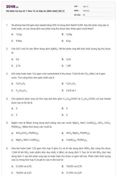 Đề kiểm tra học kì 1 Hóa 12 có đáp án (Mới nhất) (Đề 2)